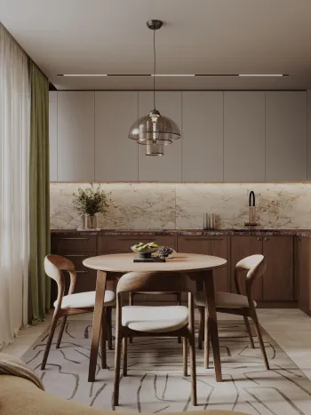 Интерьер кухни cветильниками над столом  смотреть на Basicdecor