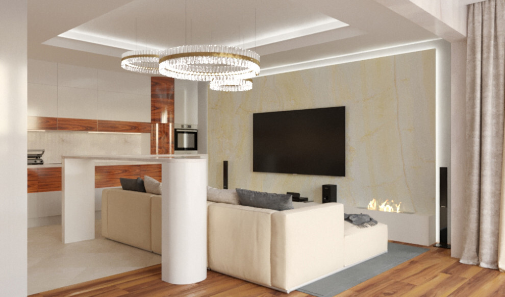 Интерьер гостиной с подсветкой светодиодной в современном стиле