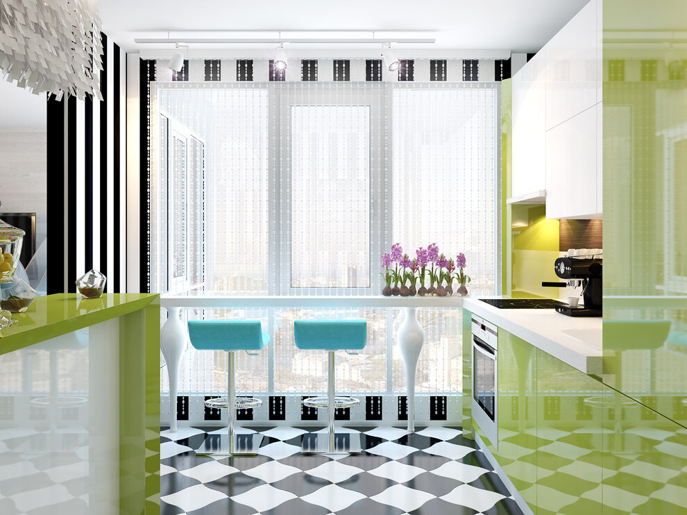 Интерьер кухни с вертикальными жалюзи в современном стиле