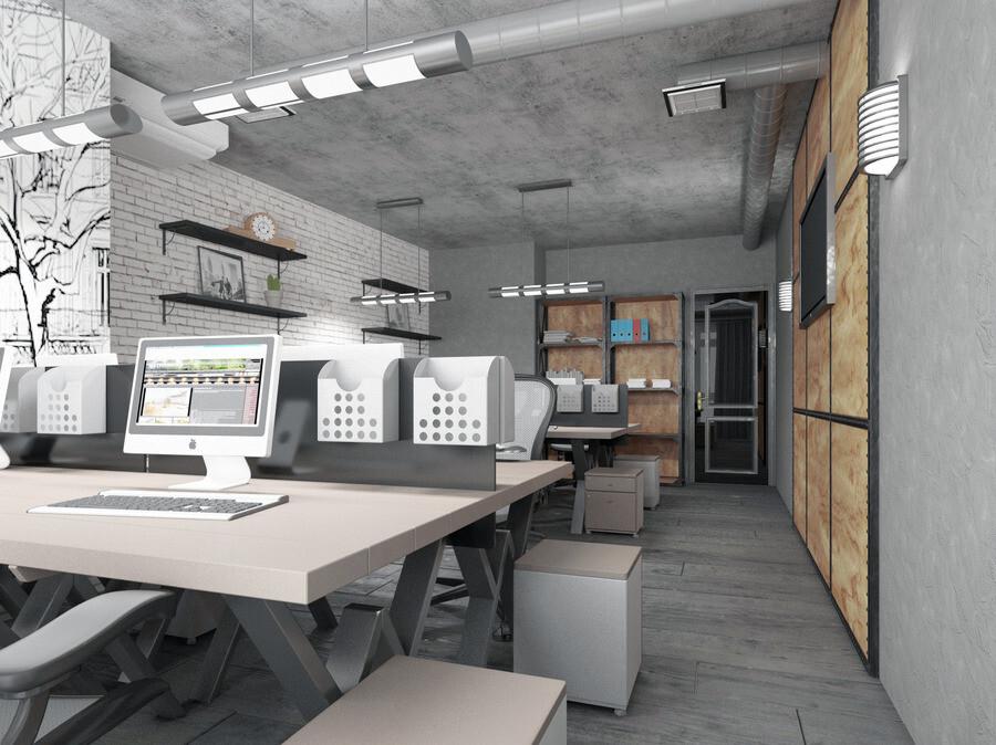 Интерьер офиса c рабочим местом, проходной, open space и подсветкой рабочей зоны в стиле лофт