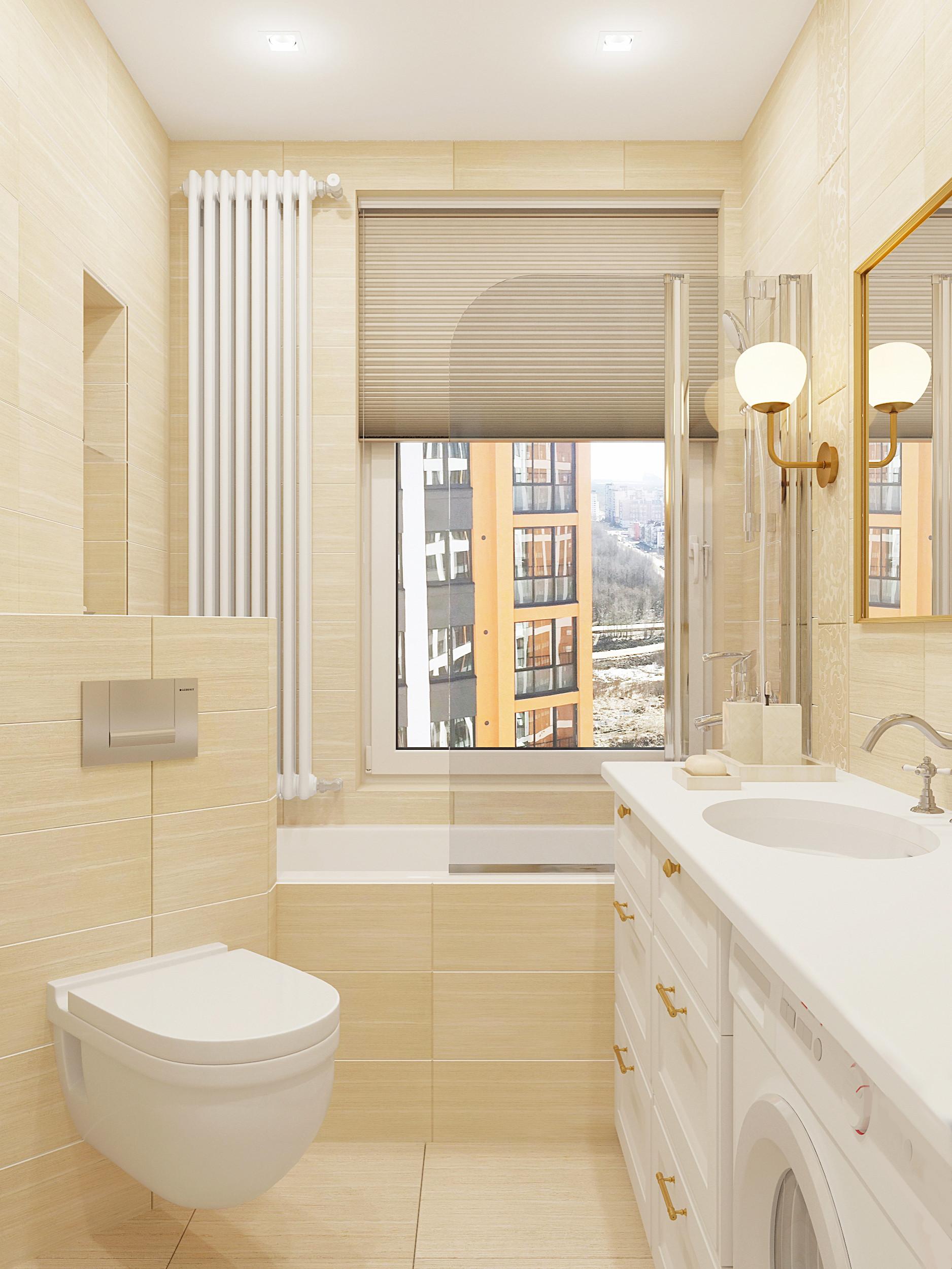 Интерьер ванной с жалюзи, вертикальными жалюзи и дверными жалюзи в современном стиле