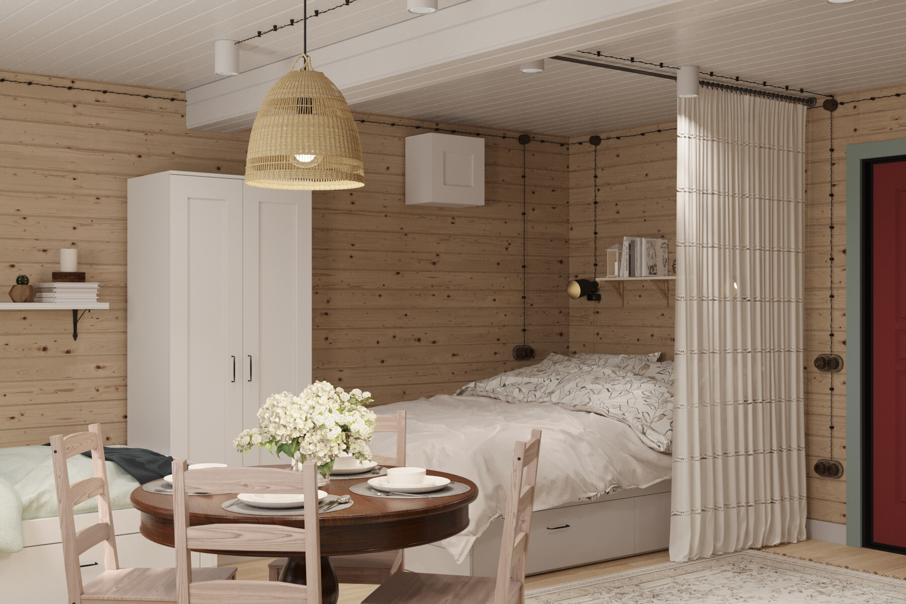 Интерьер спальни с в деревянном доме, зонированием рейками и вертикальными жалюзи в скандинавском стиле