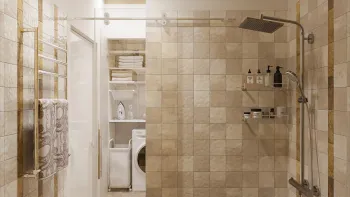 Интерьер ванной с душевой из плитки в современном стиле смотреть на Basicdecor