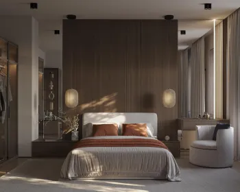 Интерьер спальни cветильниками над кроватью и с подсветкой  смотреть на Basicdecor