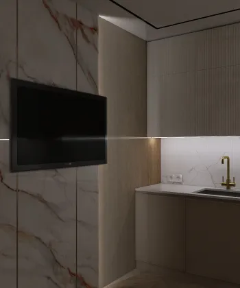 Интерьер кухни с нишей с подсветкой и телевизором на стене  смотреть на Basicdecor