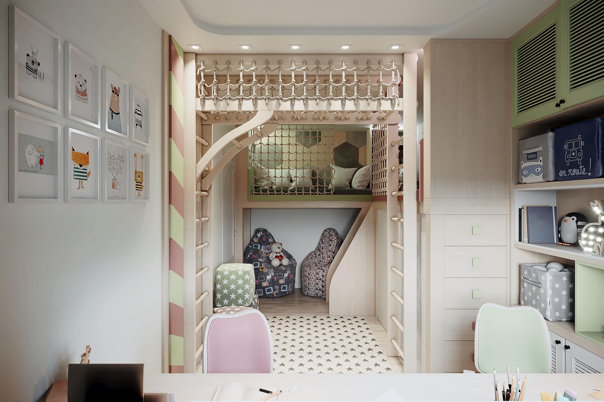 Интерьер детской с кроватью в нише, двухуровневыми, с детской и с антресолью в современном стиле, в стиле кантри и в восточном стиле