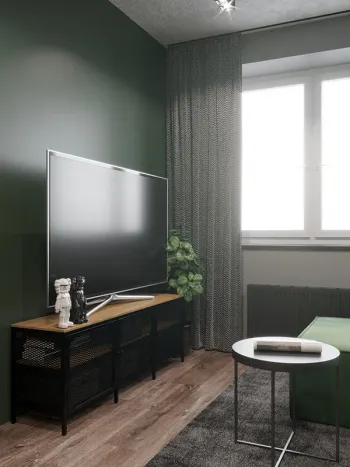 Интерьер гостиной с телевизором на рейках  смотреть на Basicdecor