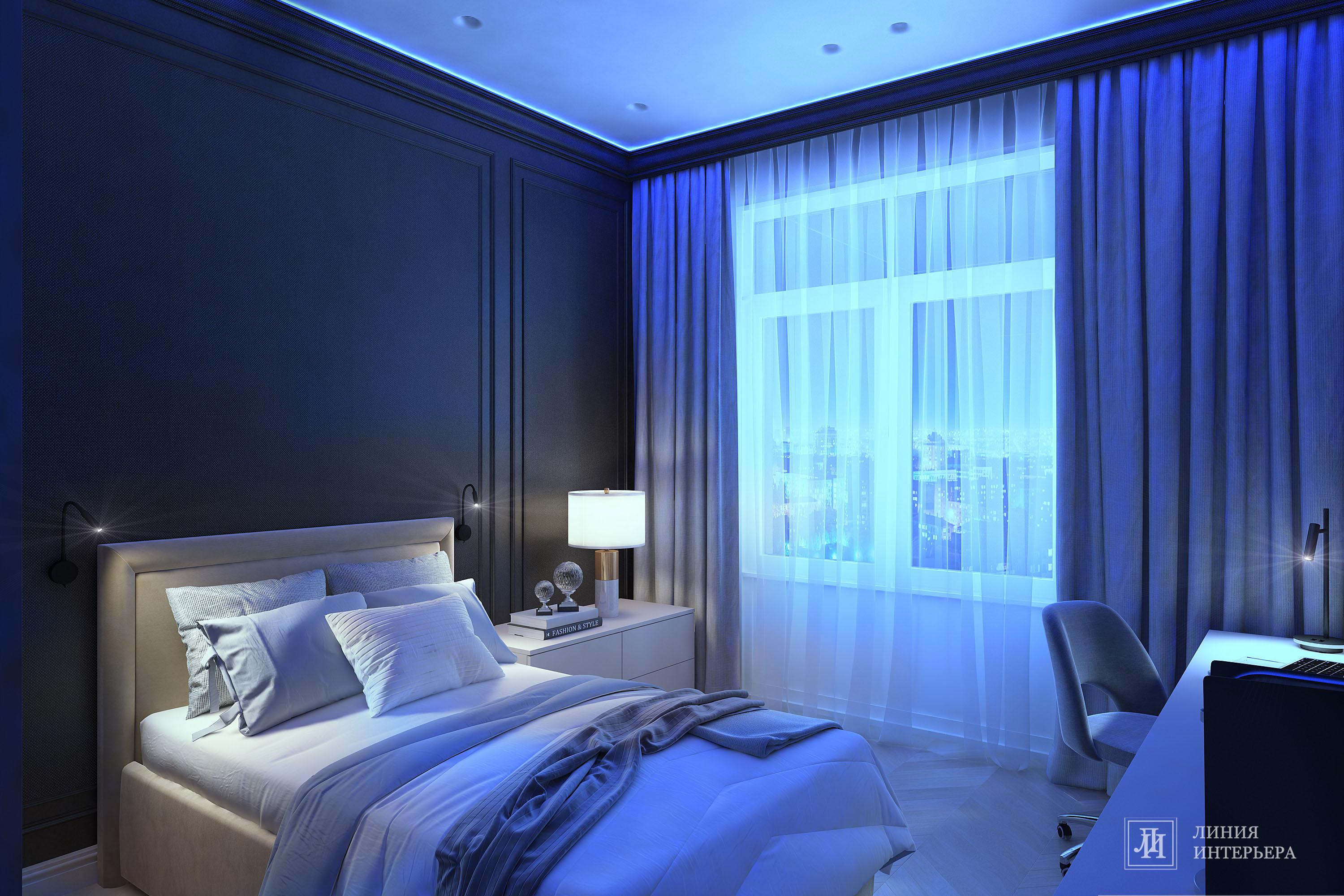 Интерьер спальни c рабочим местом, нишей с подсветкой, световыми линиями, рейками с подсветкой, подсветкой настенной, подсветкой светодиодной и с подсветкой