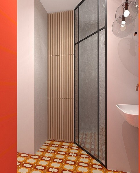 Интерьер ванной с без дверей, проходной, вертикальными жалюзи и дверными жалюзи в стиле лофт и в восточном стиле