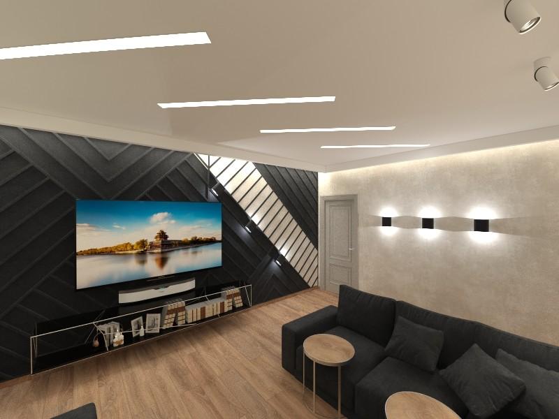 Интерьер гостиной с рейками с подсветкой, подсветкой настенной и подсветкой светодиодной