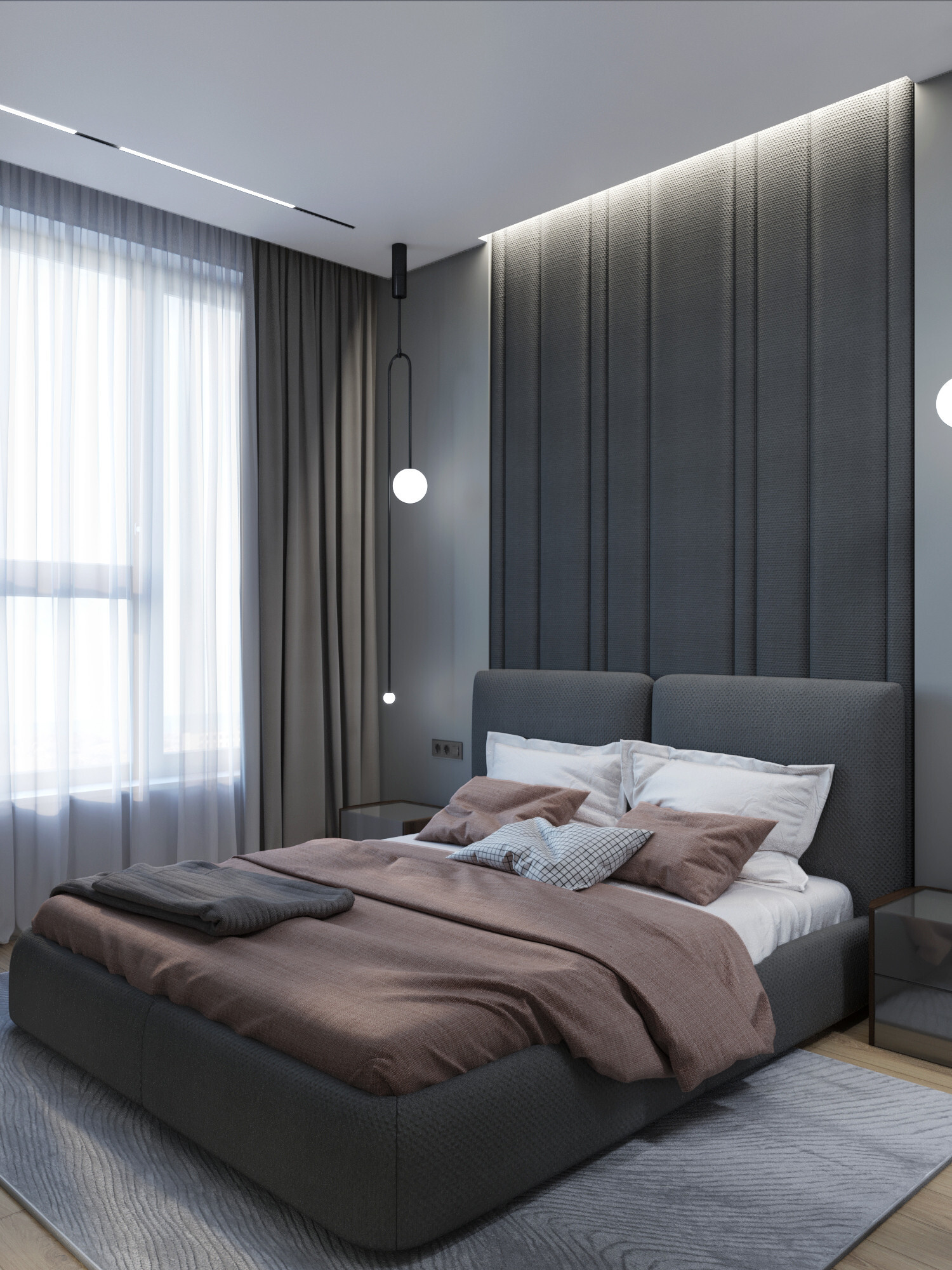 Интерьер спальни с рейками с подсветкой, бра над кроватью, подсветкой настенной, подсветкой светодиодной, светильниками над кроватью и с подсветкой в современном стиле