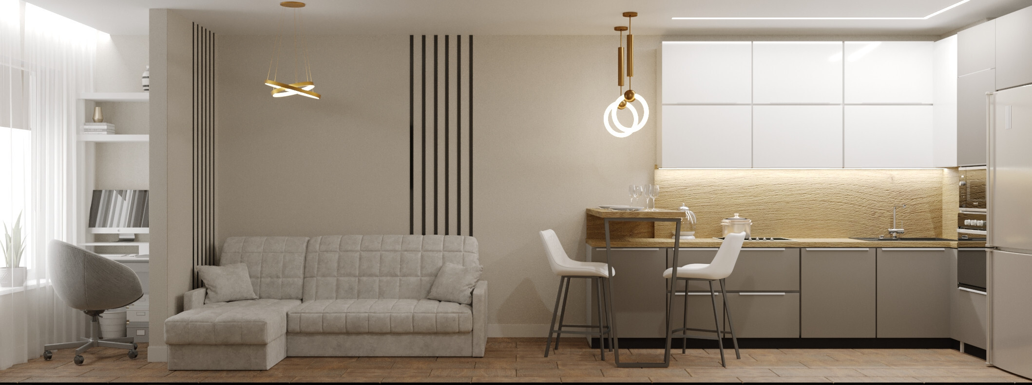 Интерьер кухни с рейками с подсветкой и подсветкой настенной в современном стиле