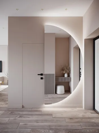 Интерьер прихожей с проходной, проемом и зеркалом на двери  смотреть на Basicdecor