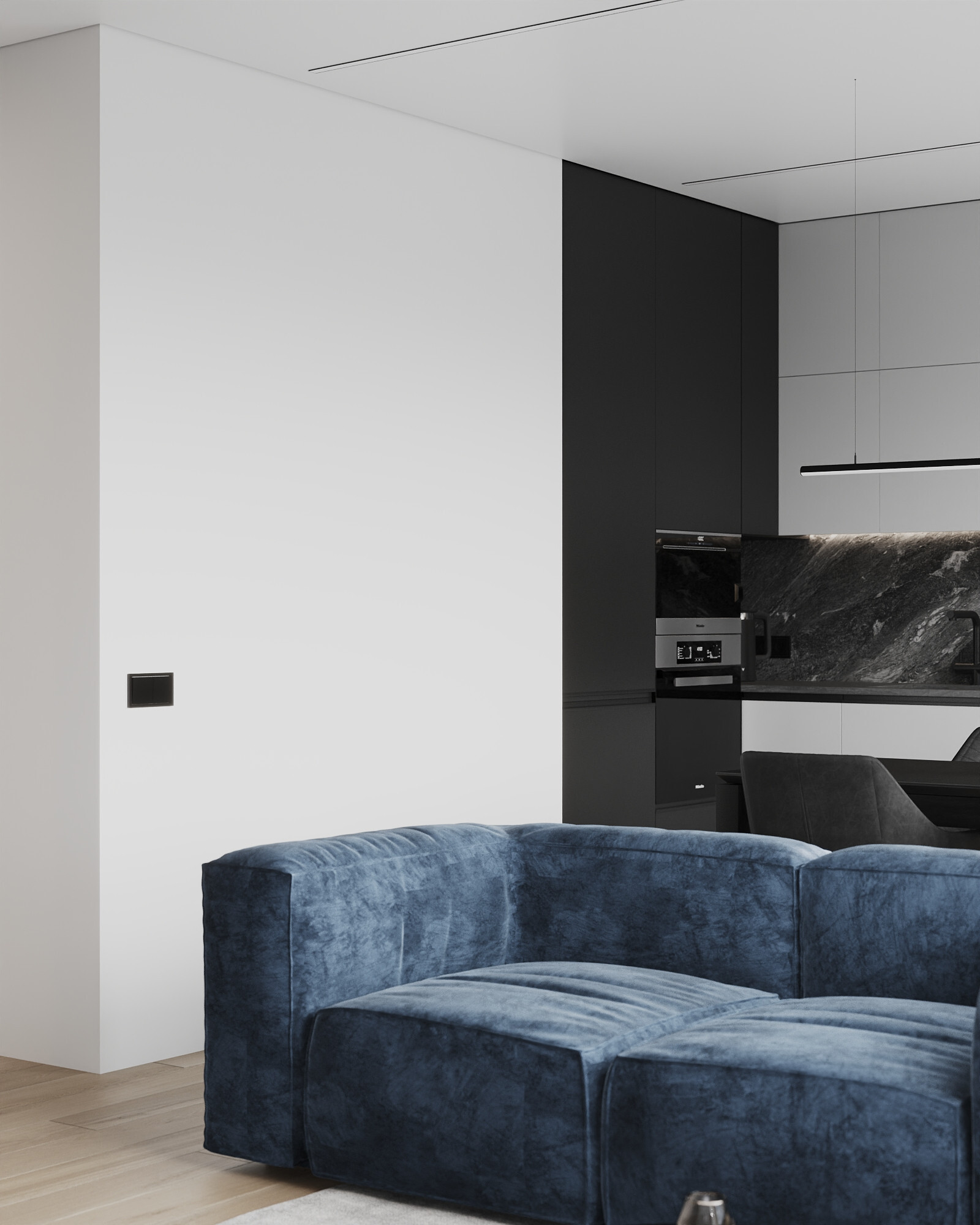 Интерьер гостиной с нишей, нишей из плитки, керамогранитом на стену с телевизором и подсветкой настенной в современном стиле