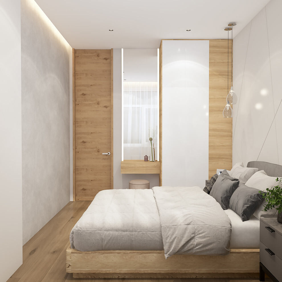 Интерьер спальни cветильниками над кроватью в современном стиле, в стиле лофт, минимализме и эко