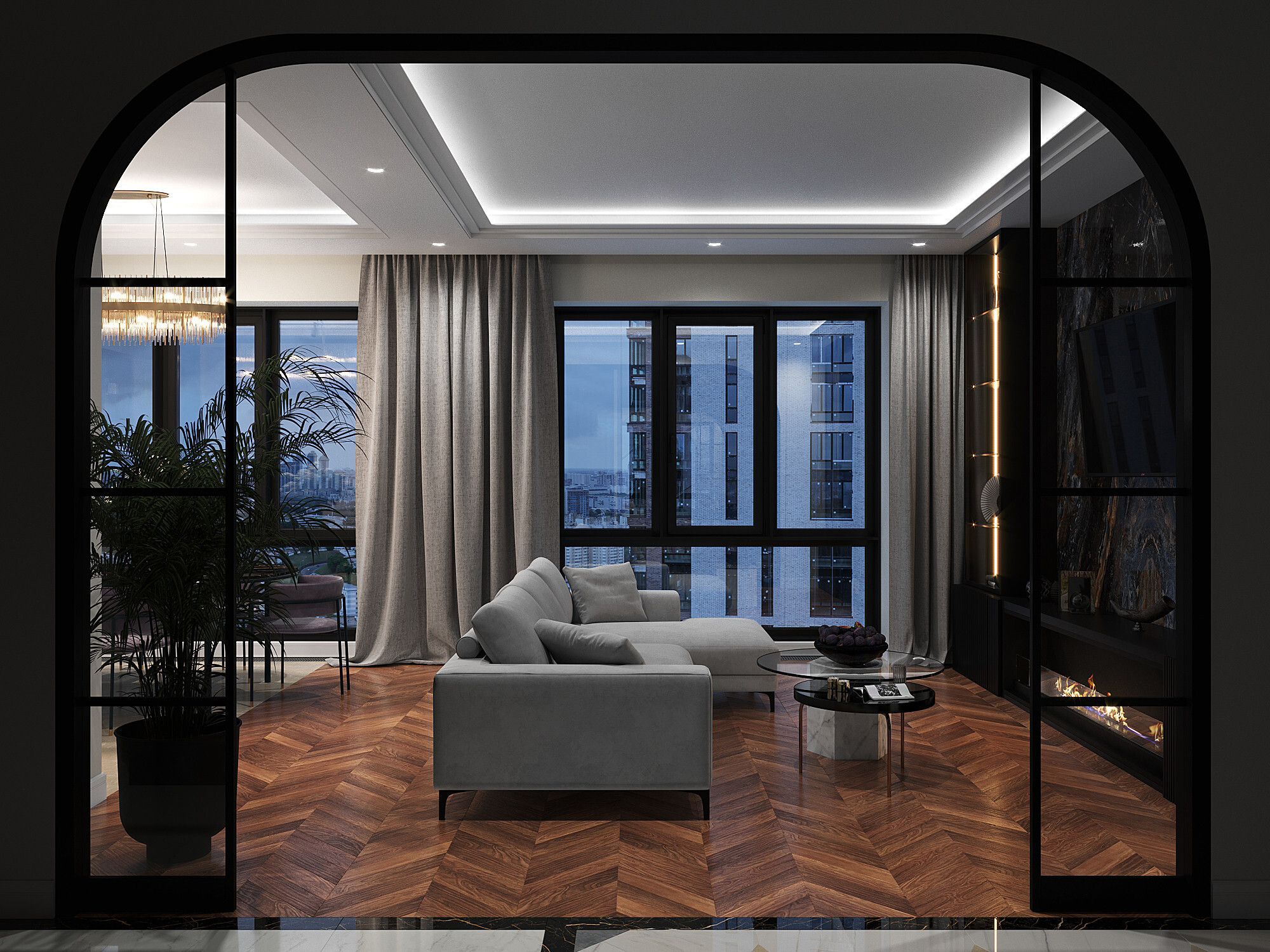 Интерьер гостиной с проходной, балконом, проемом и световыми линиями в неоклассике