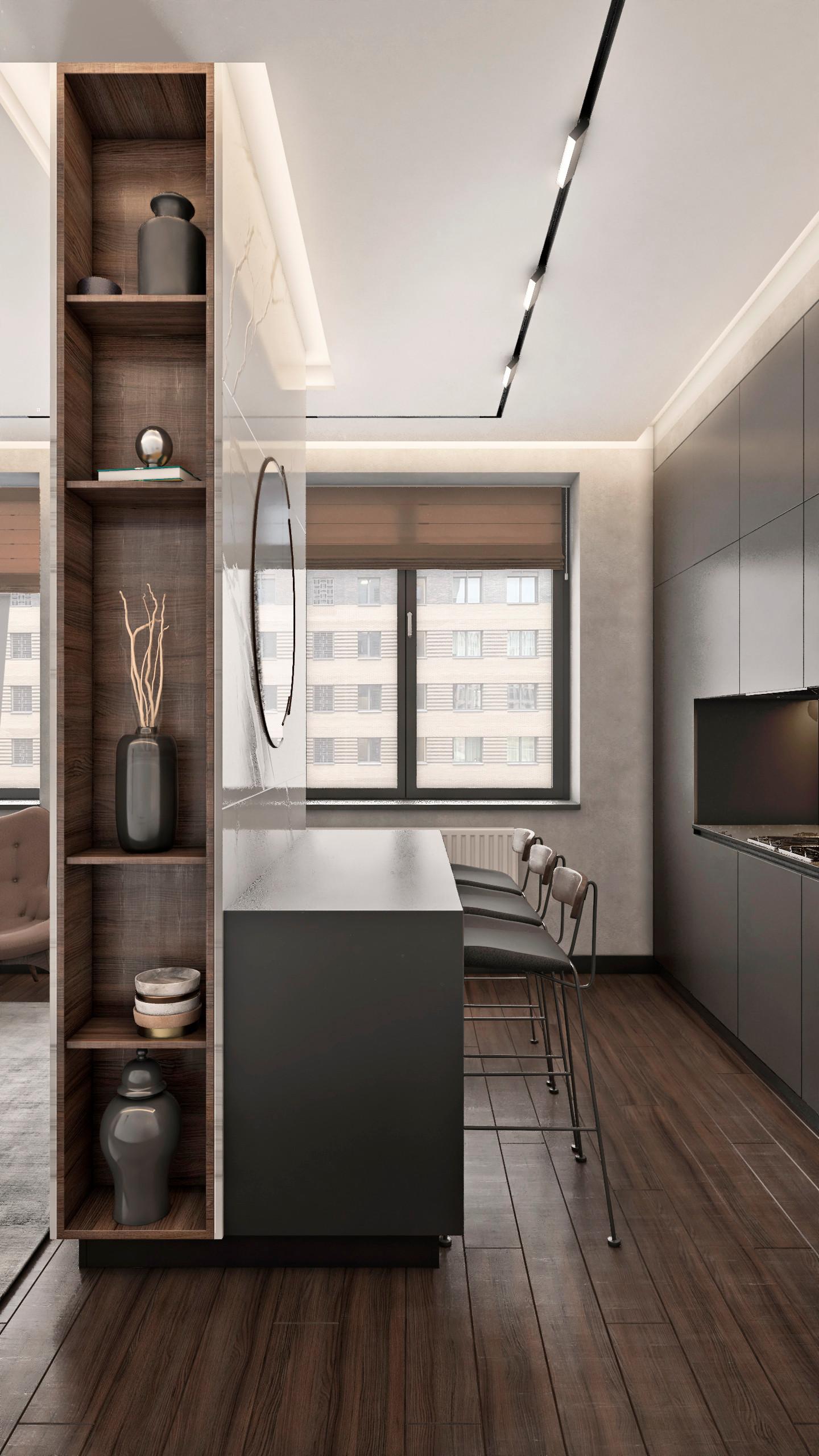 Интерьер кухни c рабочим местом и подсветкой светодиодной в современном стиле и в стиле лофт