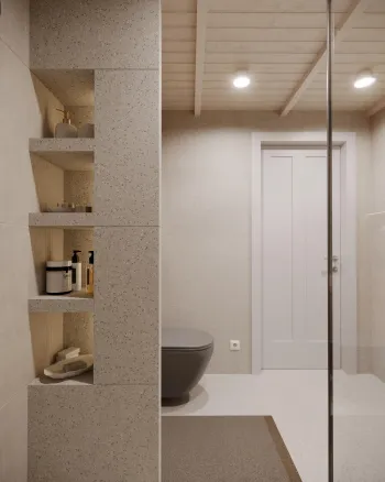 Интерьер ванной с душевой из плитки и нишей из плитки  смотреть на Basicdecor