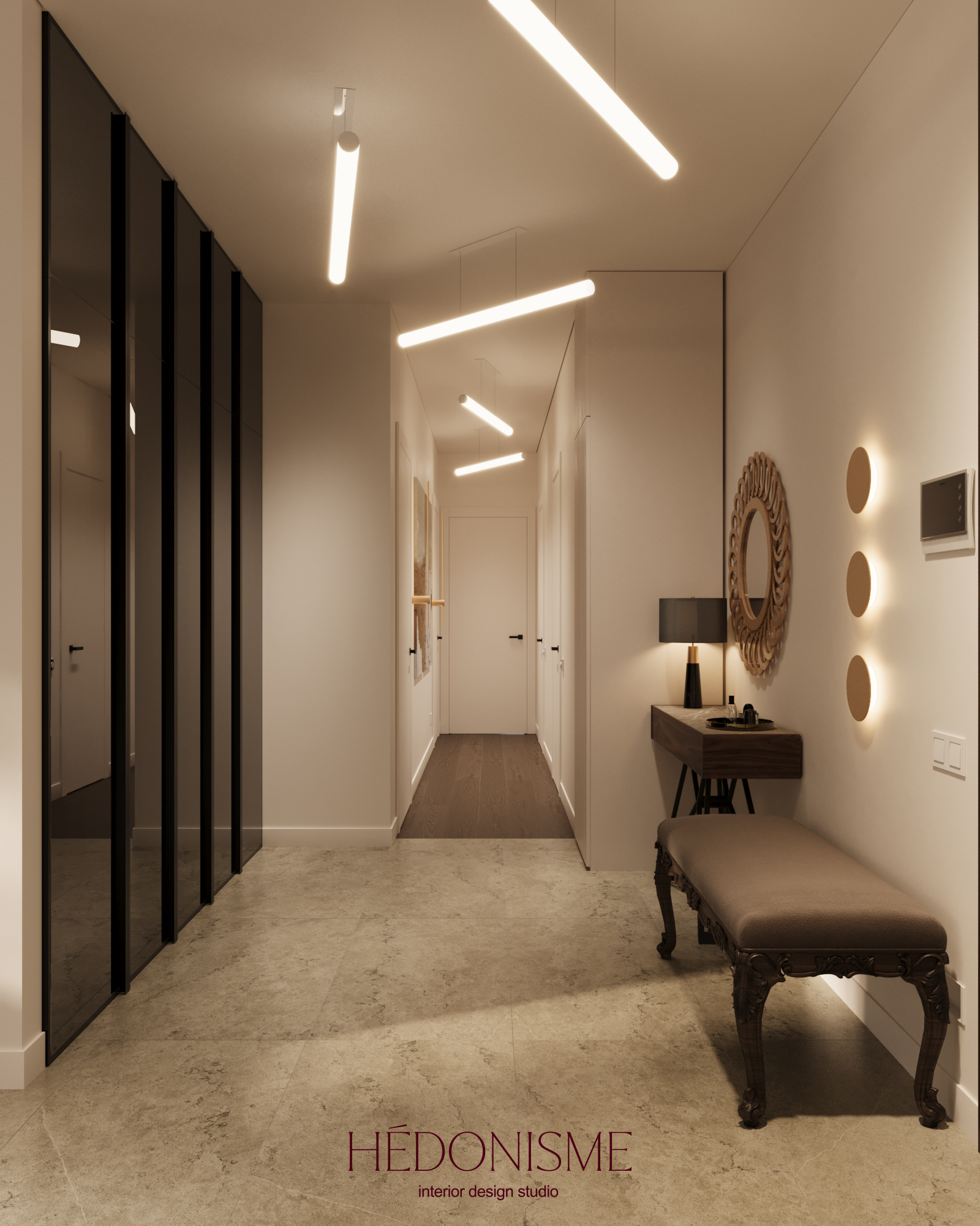 Интерьер коридора с нишей с подсветкой, рейками с подсветкой, подсветкой настенной, подсветкой светодиодной, подсветкой рабочей зоны и с подсветкой