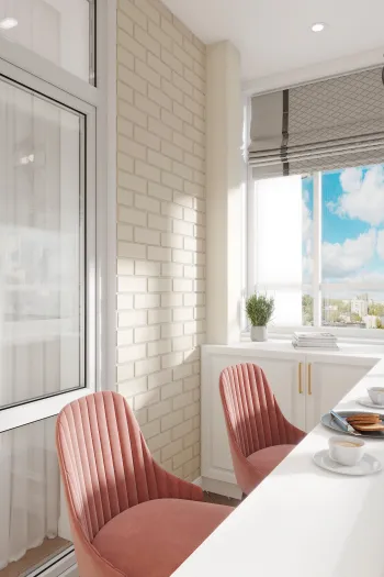 Интерьер балкона c рабочим местом и жалюзи в неоклассике смотреть на Basicdecor