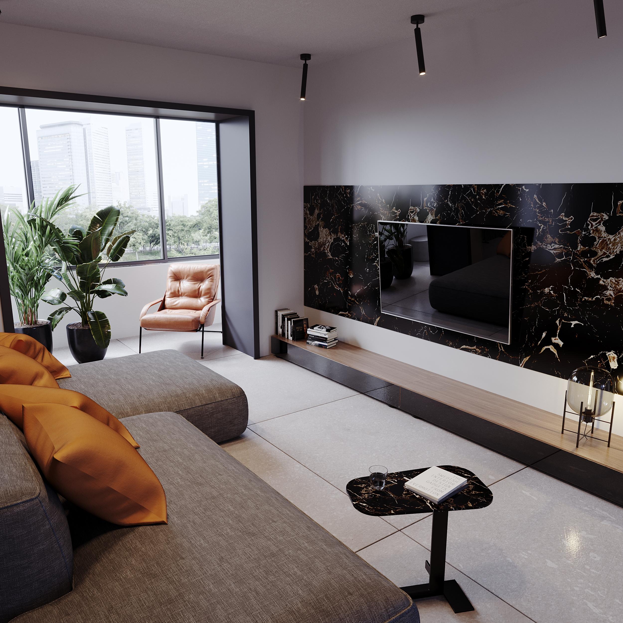 Интерьер гостиной с керамогранитом на стену с телевизором