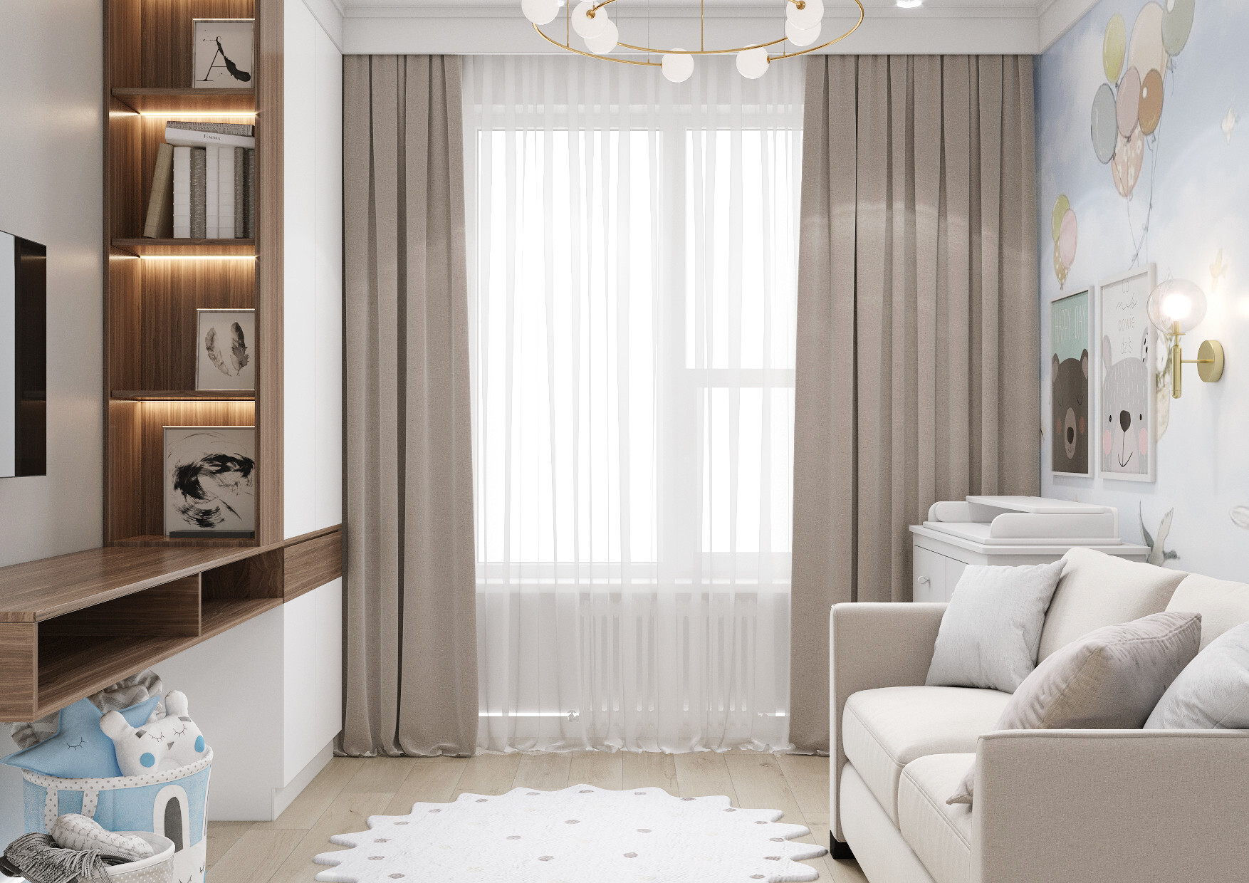 Интерьер гостиной с гардеробной со шторой в современном стиле