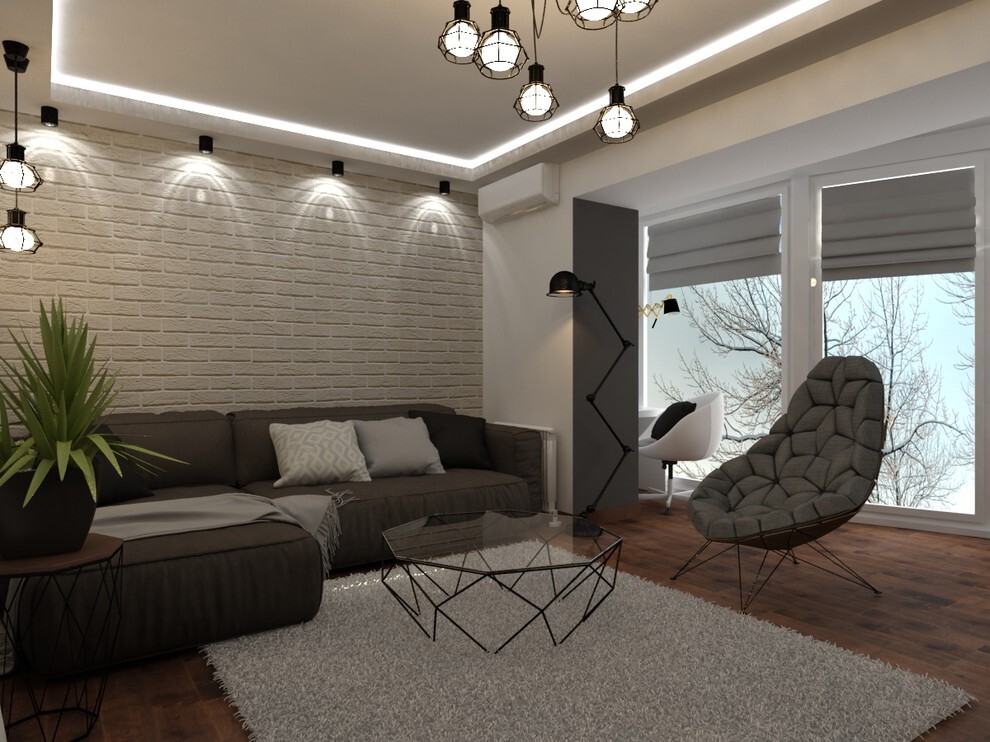 Интерьер гостиной с подсветкой настенной и подсветкой светодиодной в скандинавском стиле