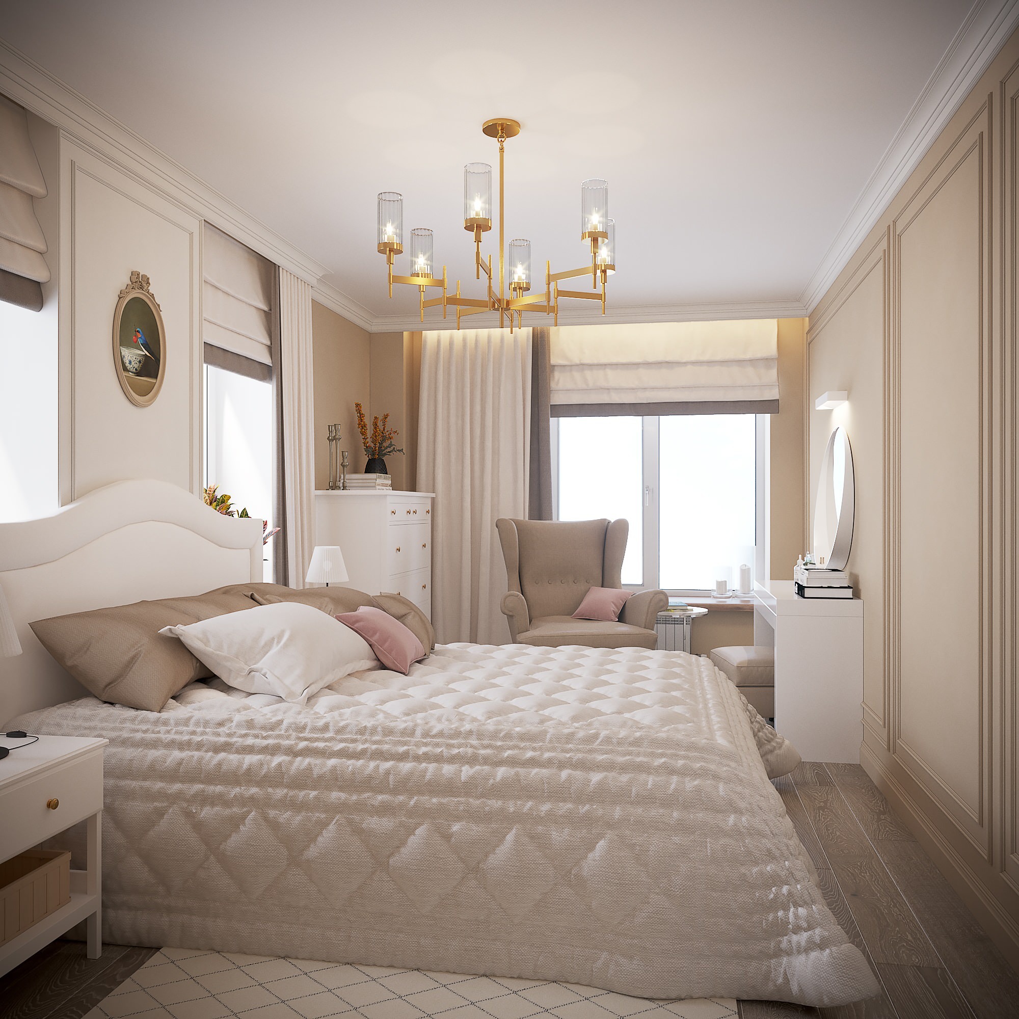 Интерьер спальни cветильниками над кроватью в классическом стиле и скандинавском стиле
