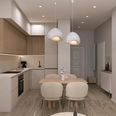 Интерьер кухни cветильниками над столом  смотреть на Basicdecor