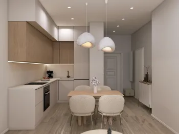Интерьер кухни cветильниками над столом  смотреть на Basicdecor