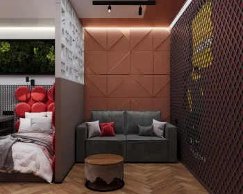 Интерьер спальни с зонированием, проходной, стеной за диваном и акцентной стеной за кроватью  смотреть на Basicdecor