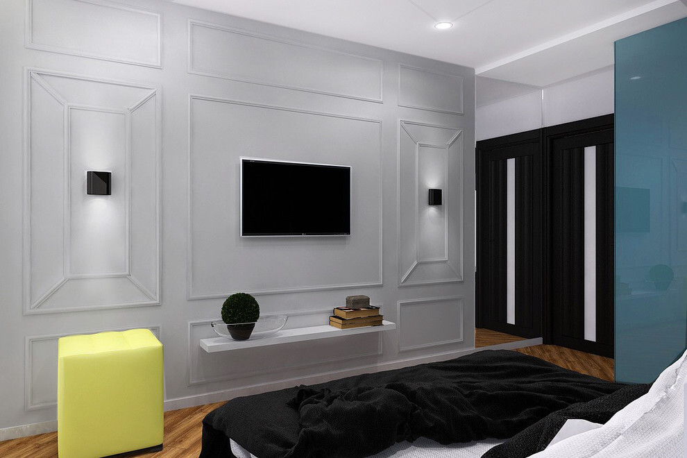 Интерьер спальни cтеной с телевизором, телевизором на стене, керамогранитом на стену с телевизором, подсветкой настенной, подсветкой светодиодной и с подсветкой
