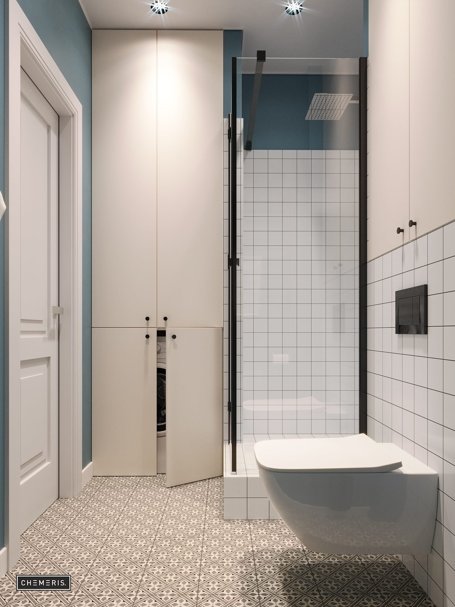 Интерьер ванной с душевой из плитки и зеркалом на двери в современном стиле