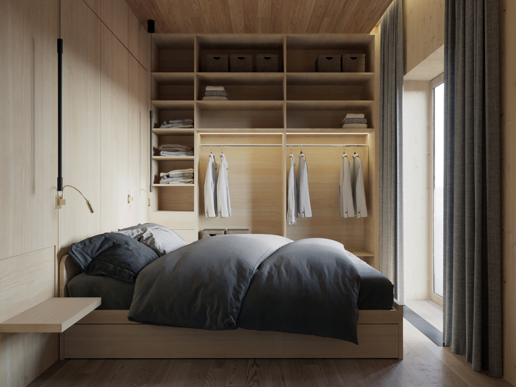 Интерьер спальни с гардеробной зой кроватью, шкафом над кроватью и шкафом у кровати в современном стиле и в стиле лофт