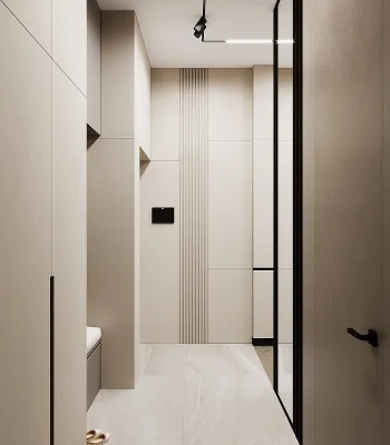 Интерьер прихожей с проходной и зеркалом на двери  смотреть на Basicdecor