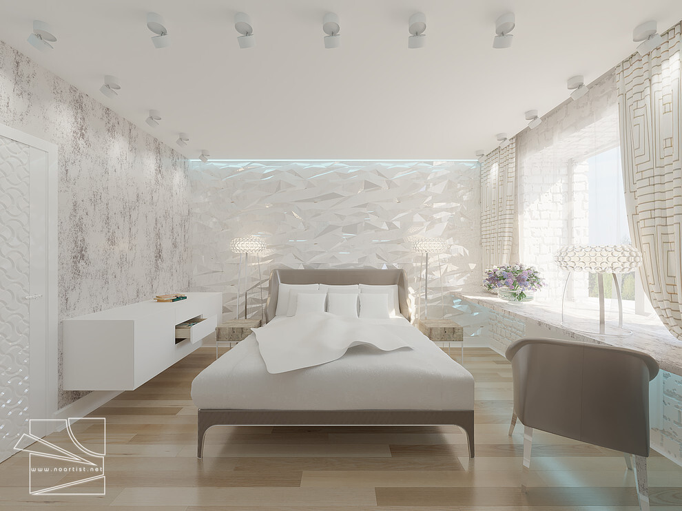 Интерьер с подсветкой настенной, подсветкой светодиодной и светильниками над кроватью в современном стиле
