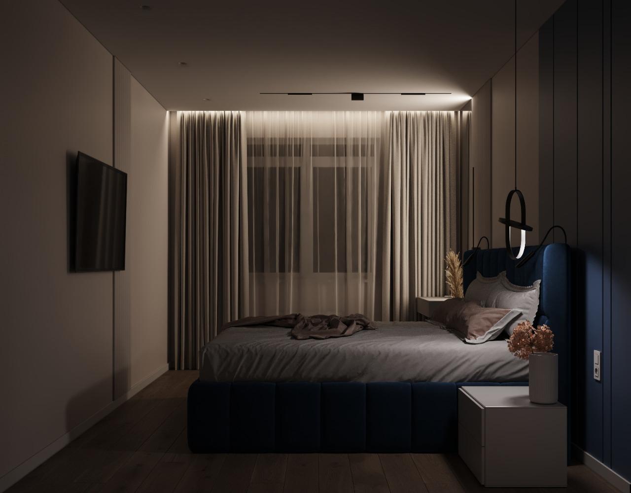 Интерьер спальни с нишей с подсветкой, рейками с подсветкой, бра над кроватью, подсветкой настенной, подсветкой светодиодной, светильниками над кроватью и с подсветкой