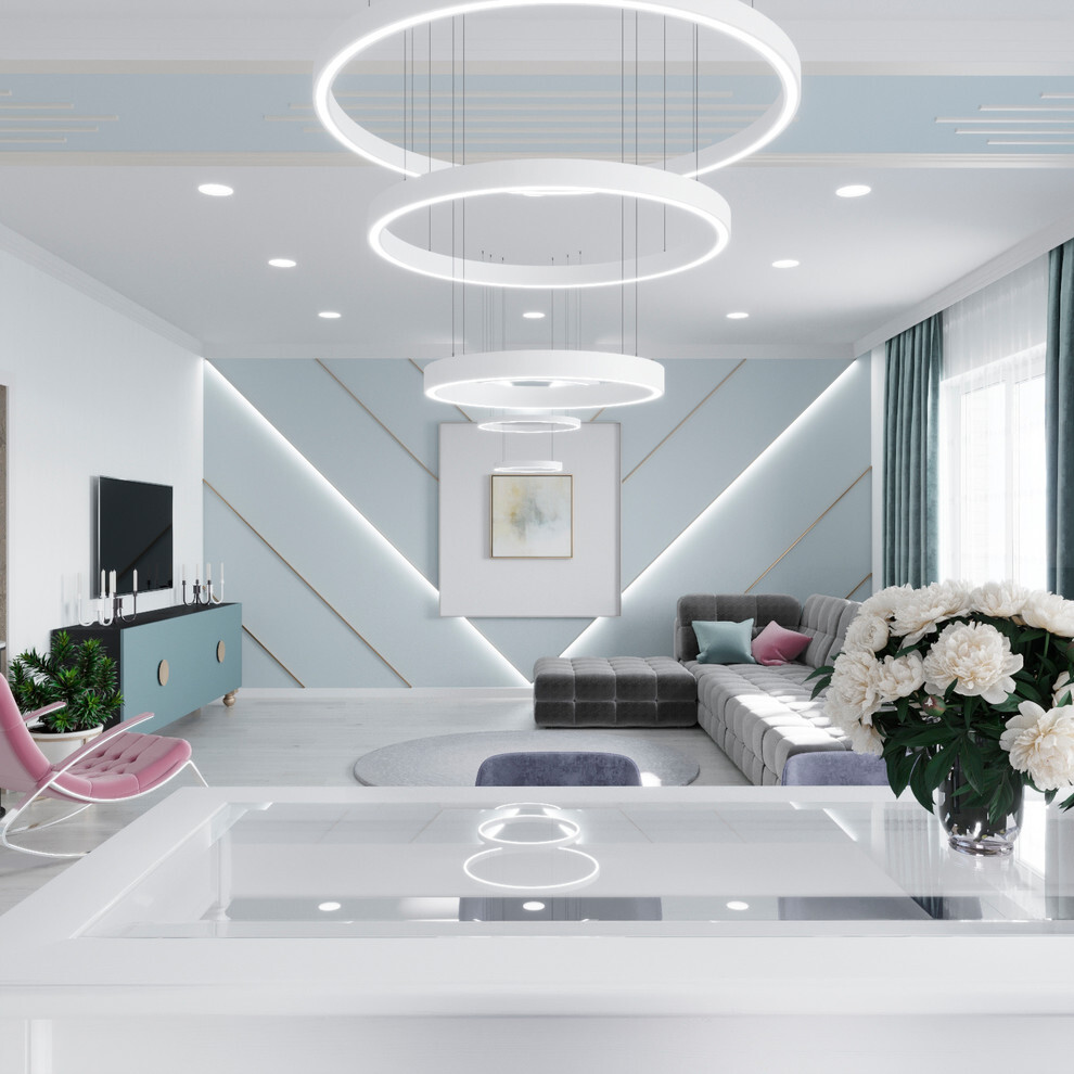 Интерьер гостиной с рейками с подсветкой, подсветкой светодиодной и с подсветкой в современном стиле