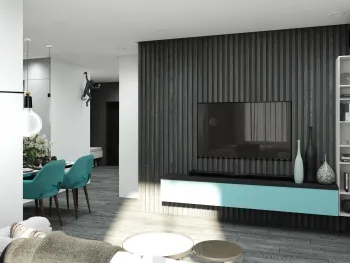 Интерьер гостиной с телевизором на рейках  смотреть на Basicdecor