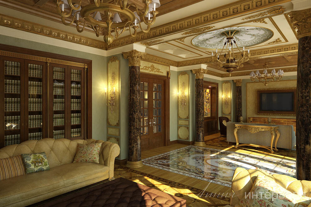 Интерьер гостиной в классическом стиле, в восточном стиле, барокко, ампире, древнерусском и рококо