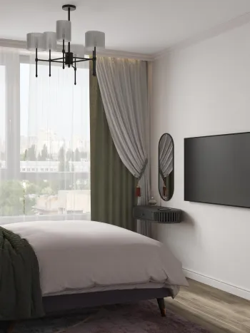 Интерьер спальни с телевизором на стене  смотреть на Basicdecor