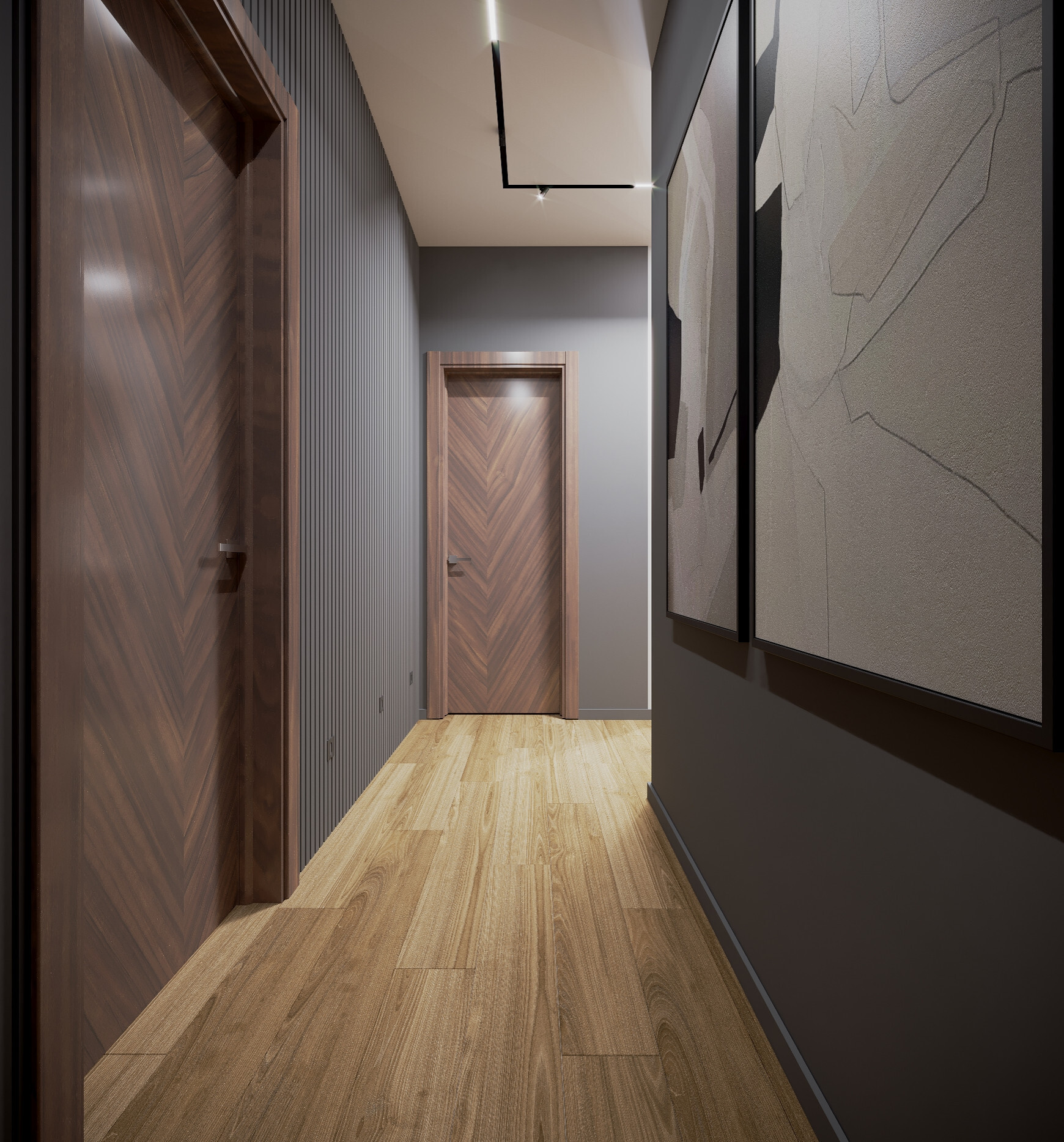 Интерьер коридора с рейками с подсветкой в современном стиле