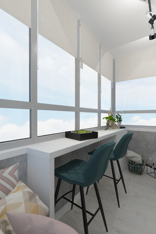 Интерьер кухни с окном, балконом и панорамными окнами в современном стиле