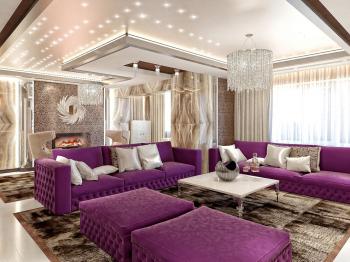 Интерьер гостиной с каретной стяжкой, подсветкой светодиодной и с подсветкой в современном стиле