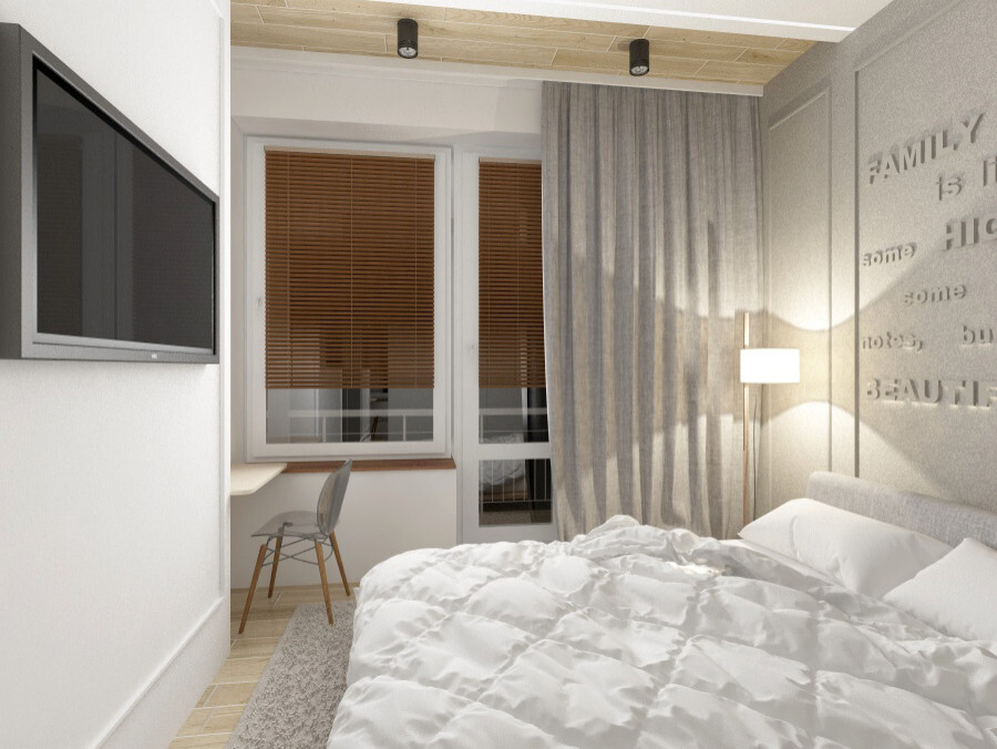 Интерьер спальни c рабочим местом и вертикальными жалюзи в скандинавском стиле