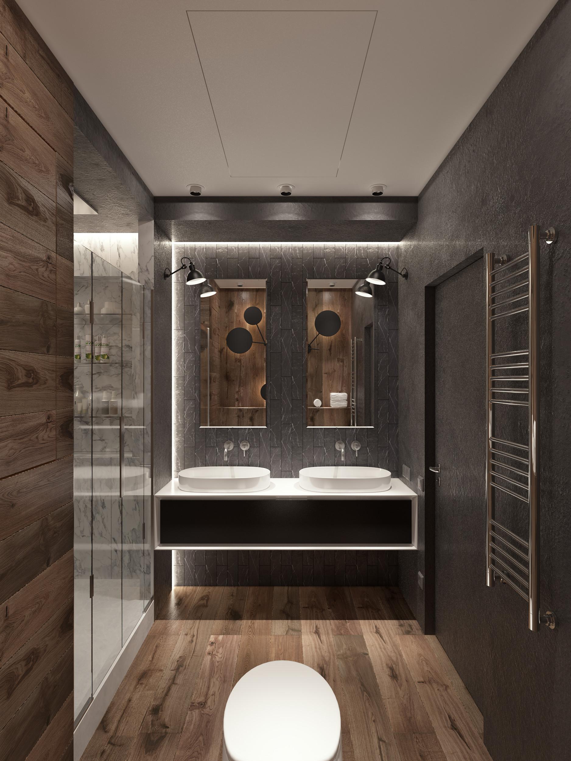 Интерьер ванной cовмещенным санузлом в современном стиле и в стиле лофт