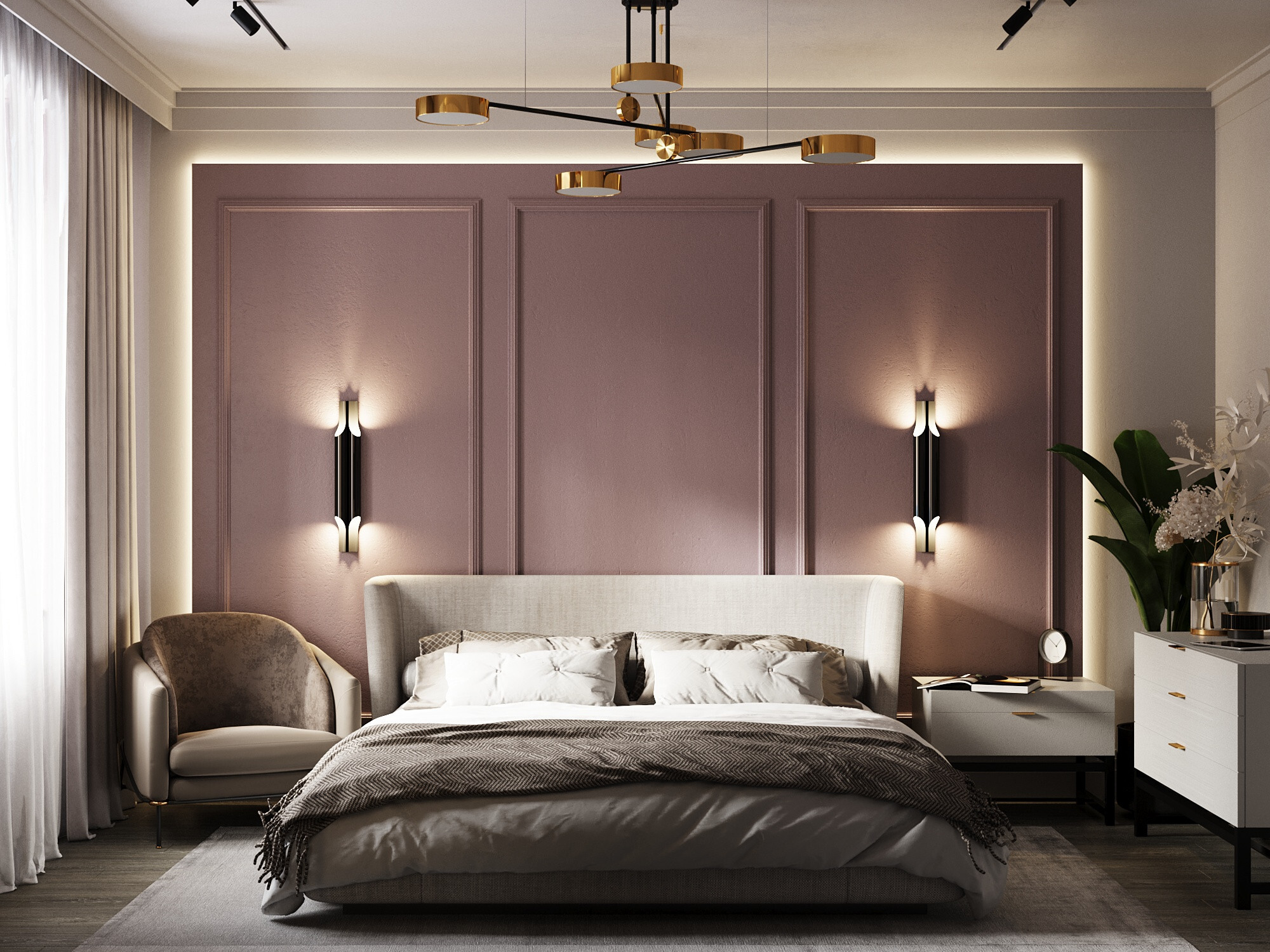 Интерьер спальни cветовыми линиями, подсветкой настенной, подсветкой светодиодной, светильниками над кроватью и с подсветкой в современном стиле