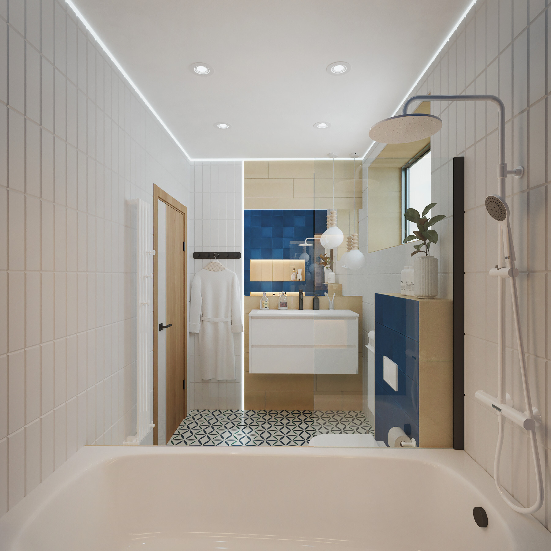 Интерьер ванной cветовыми линиями и подсветкой светодиодной в стиле лофт и скандинавском стиле