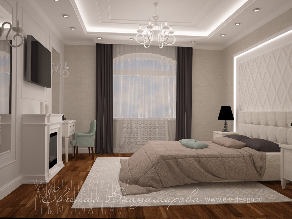 Интерьер спальни cветильниками над кроватью в неоклассике, в классическом стиле и в стиле фьюжн