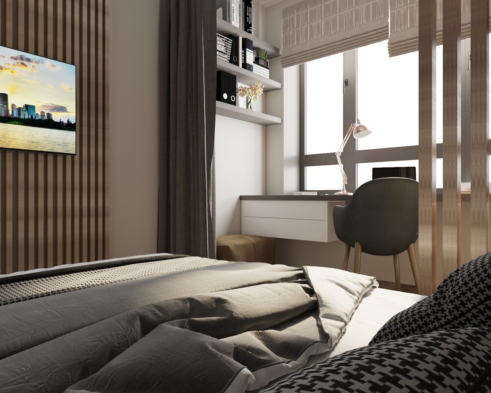 Интерьер спальни c рабочим местом, панно за телевизором, стеной с телевизором и керамогранитом на стену с телевизором